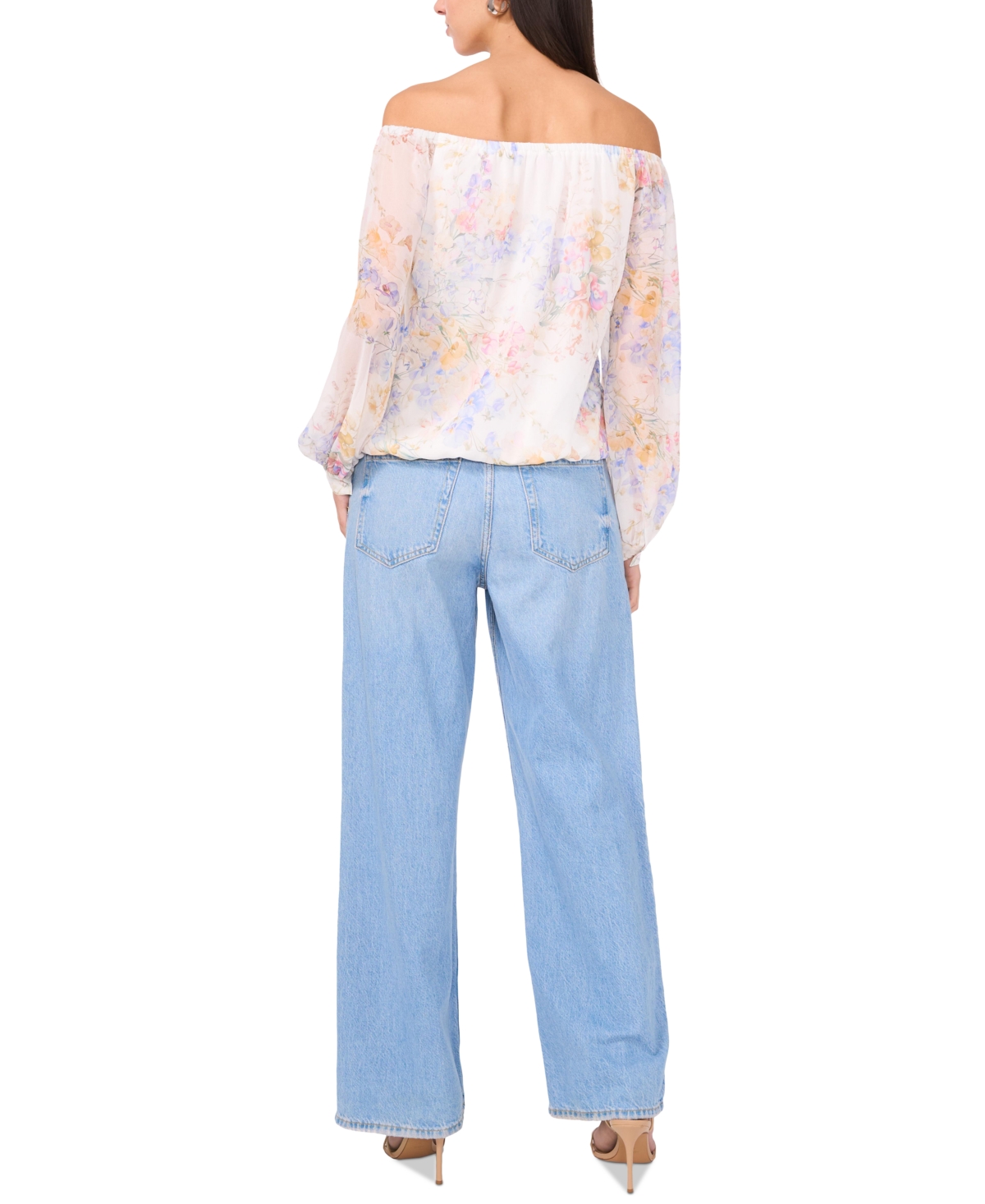VINCE CAMUTO WOMEN'S FLORAL OFF-THE-SHOULDER LONG-SLEEVE TIE-FRONT BLOUSE 