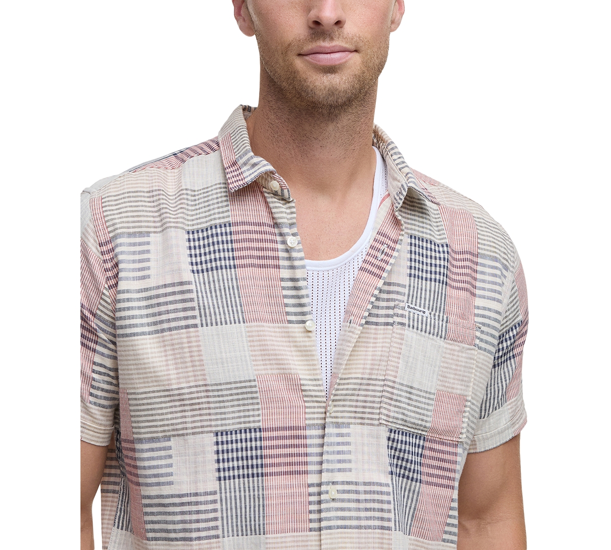 BARBOUR MEN'S OAKSHORE SHORT SLEEVE PATCHWORK BUTTON-FRONT SHIRT 