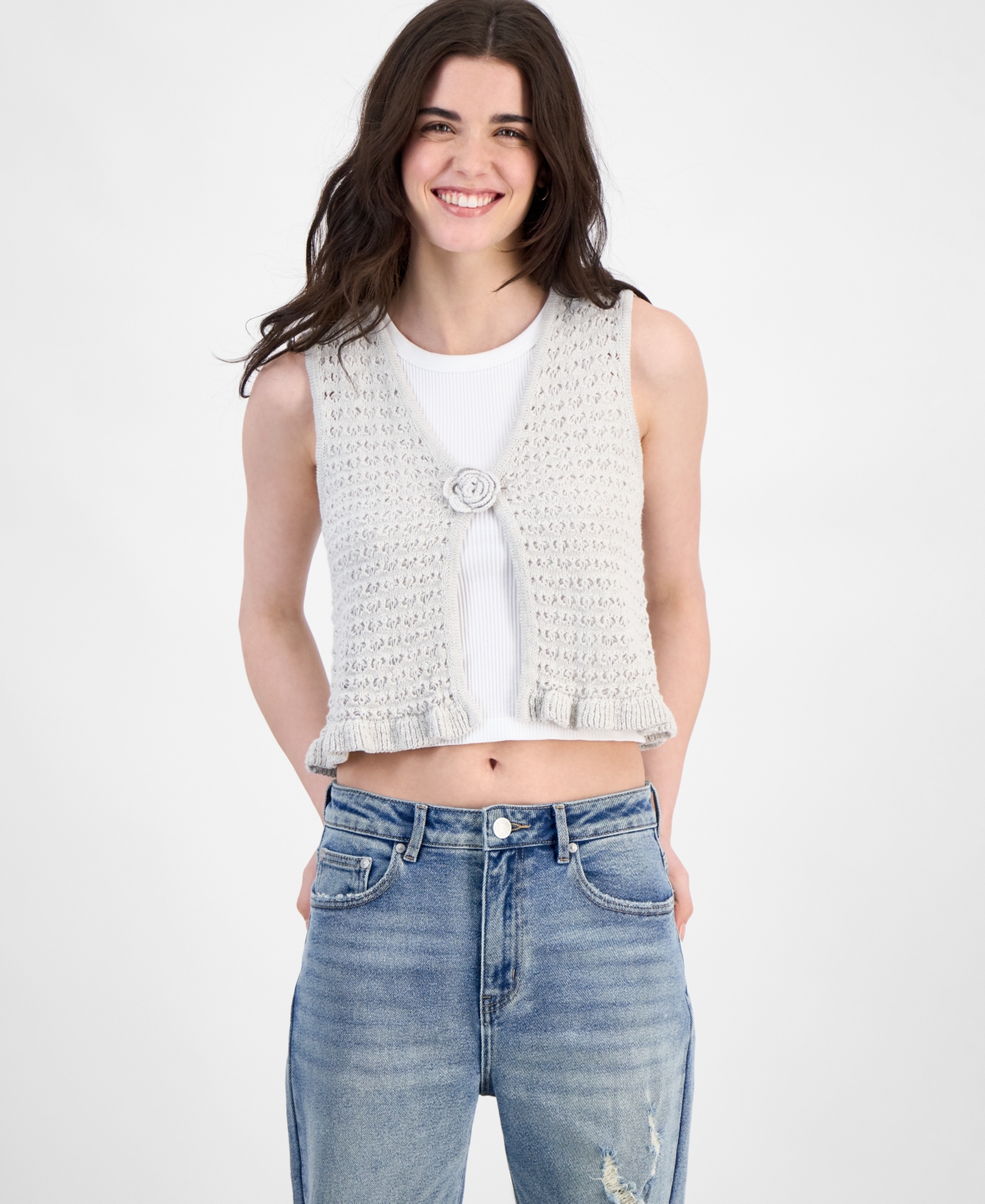 Juniors' Cotton Crochet Rosette Cardigan - Cool Grey