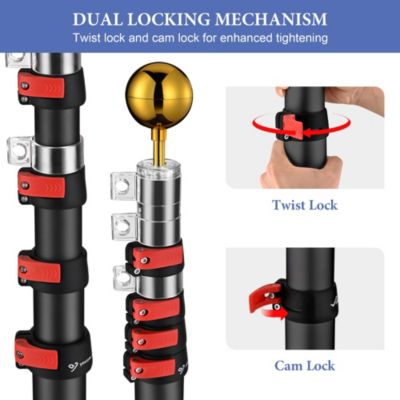 EZ GO 25ft Telescopic Flag Pole Kit Wheel Tire Mount Stand Upgrade Rotating Lock Outdoor Camper RV Tailgate Black