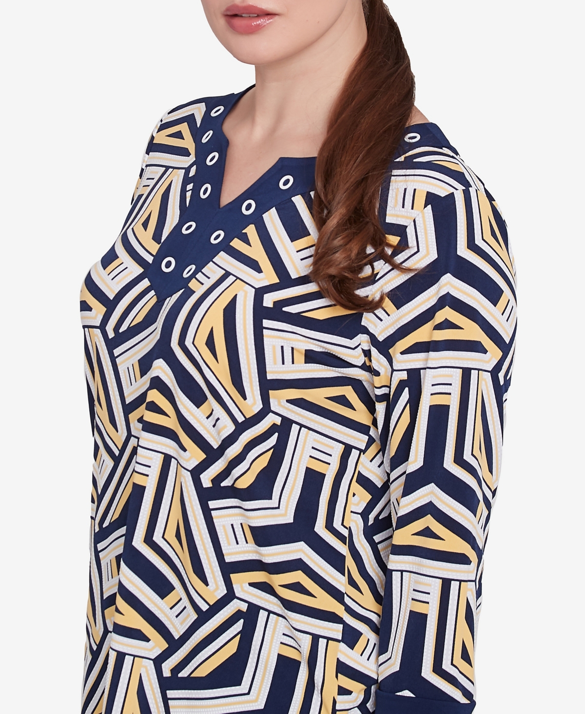 Alfred Dunner Plus Size Block Island Geometric Grommet Trim Top In Navy Multi