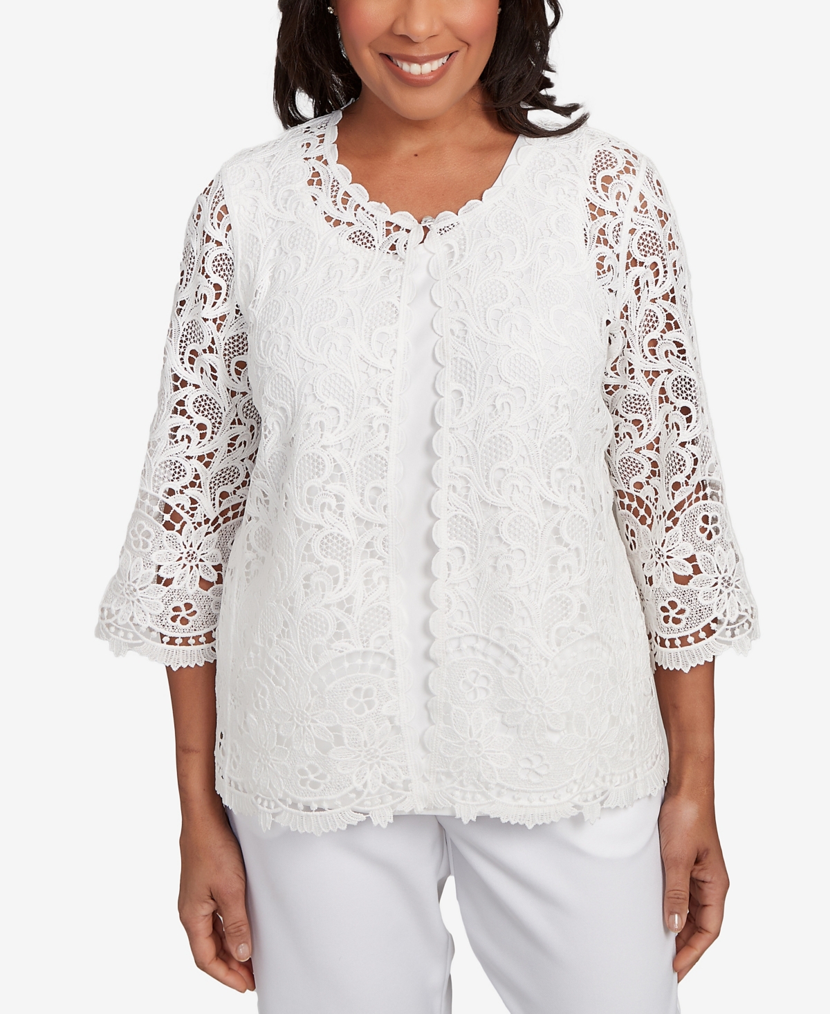 Alfred Dunner Petite Estate Of Mind Embellished Lace Two In One Top In Multi