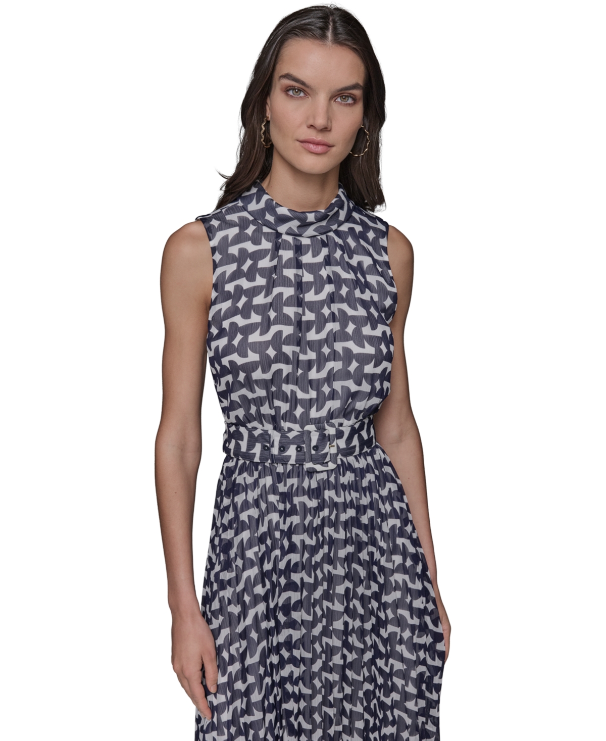 Shop Karl Lagerfeld Women's Printed Mock Neck Midi Dress In Soft White,marne Combo