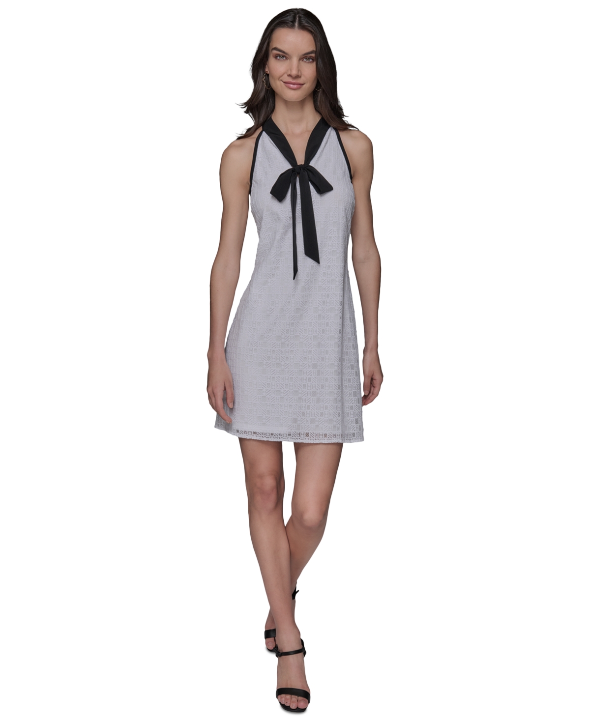 Women's Geo-Lace Tie-Neck Shift Dress - Soft White Black