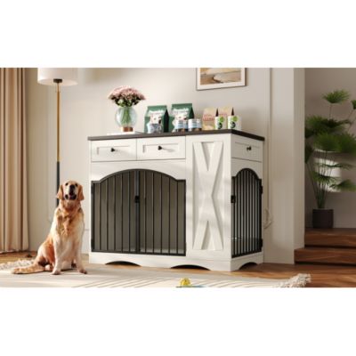 43.3inch Farmhouse Dog Crate Furniture Heavy Duty Dog Kennel with 3 Drawers and Feeder White