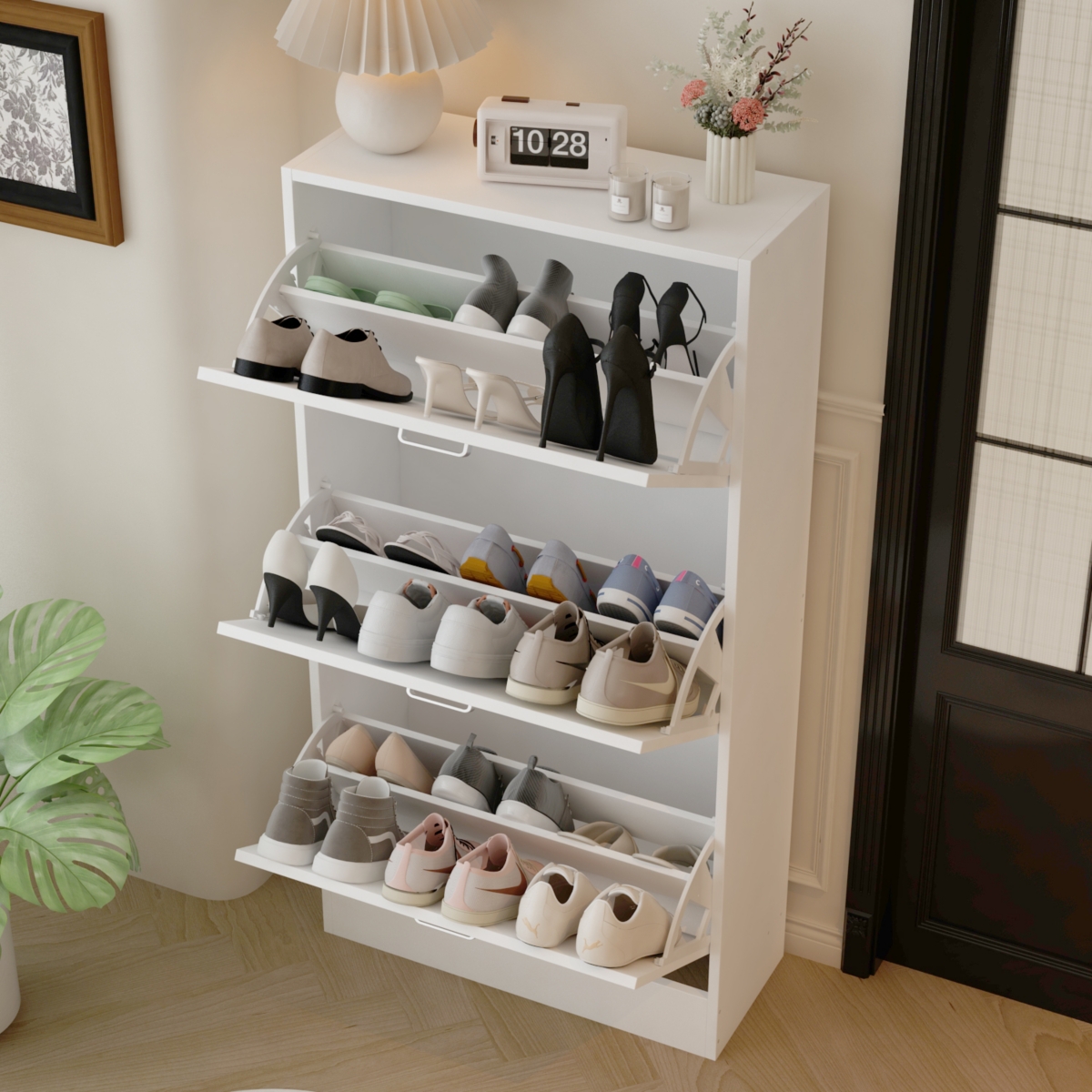 Wooden 3-door white shoe cabinet, shutter door drawers, multi-purpose shoe rack with adjustable shelves - Black