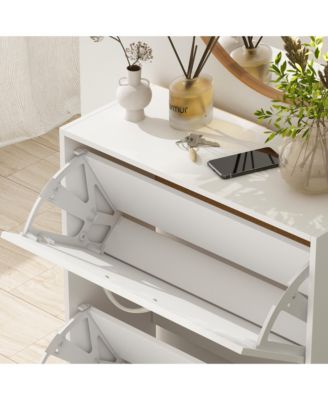 Wooden 3-door white shoe cabinet, shutter door drawers, multi-purpose shoe rack with adjustable shelves
