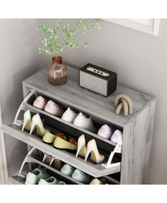 The yellow 2-door wooden shoe cabinet and fashionable shutter door design, sturdy and durable, efficient and stored, and enhance the aesthetics of the home,shoe rack