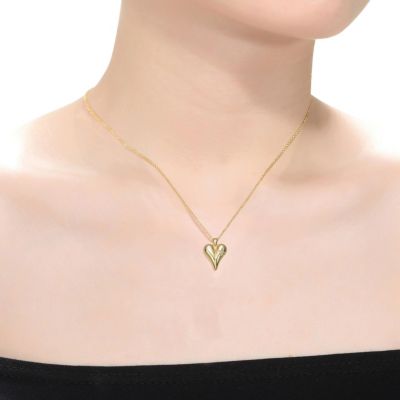 14K Gold Plated with Clear Cubic Zirconia Slim Heart Pendant Necklace