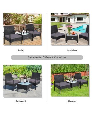 3 PCS Patio Wicker Rattan Furniture Set Coffee Table & 2 Rattan Chair w/ Cushion