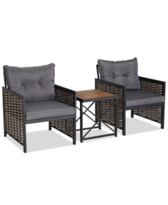 3PCS Rattan Furniture Set Acacia Wood Coffee Table & 2 Chairs Backyard Patio