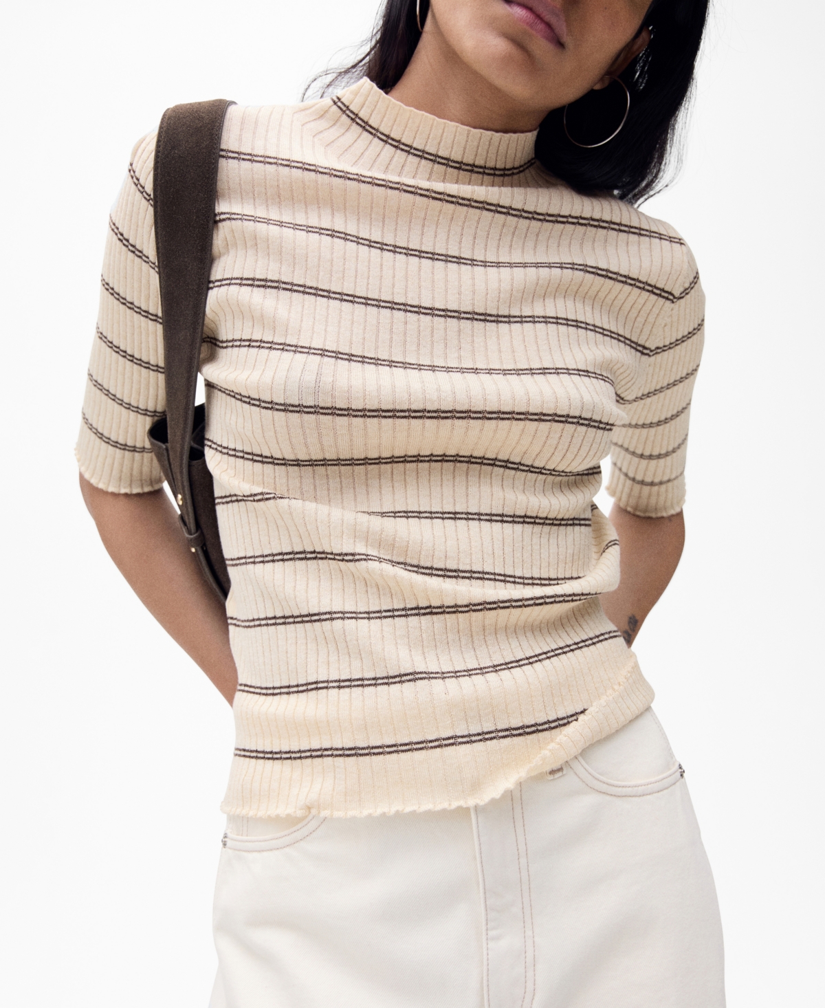 Mango Rib-knit Sweater With Perkins Neck Medium Brown In Medium Brown