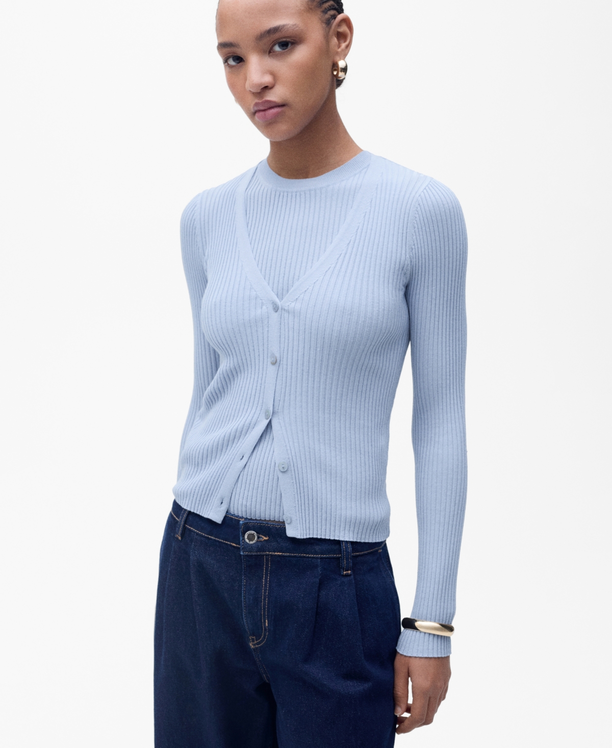 Shop Mango Women's V-neck Rib-knit Cardigan Sweater In Sky Blue