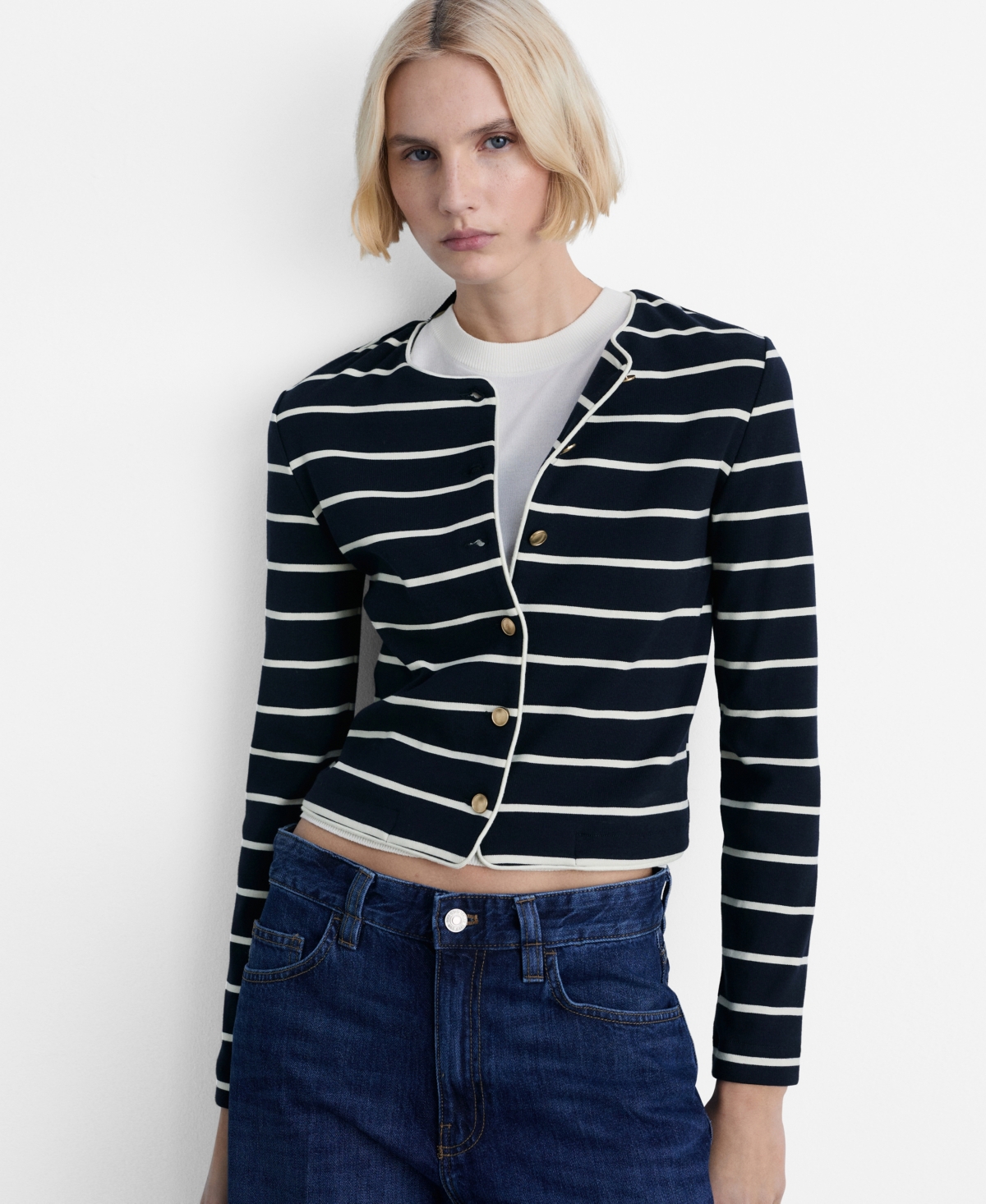 Mango Stripe Knit Cardigan In Dark Navy
