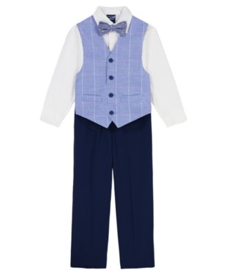 Toddler and Little Boys 4-Piece Sharkskin Windowpane Duo Vest Set with Bow Tie