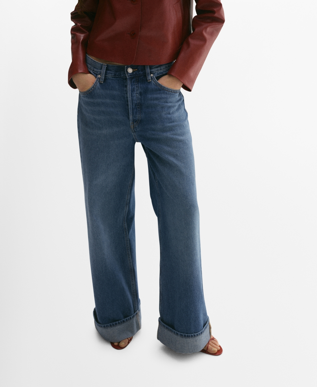 Mango Cuffed Wide Leg Jeans In Medium Blue