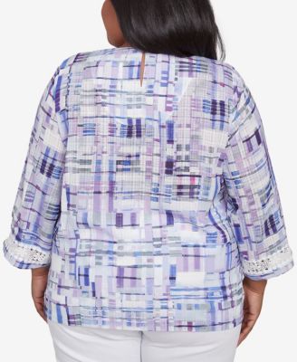 Plus Size Crystal Springs Watercolor Plaid Lace Neck Top