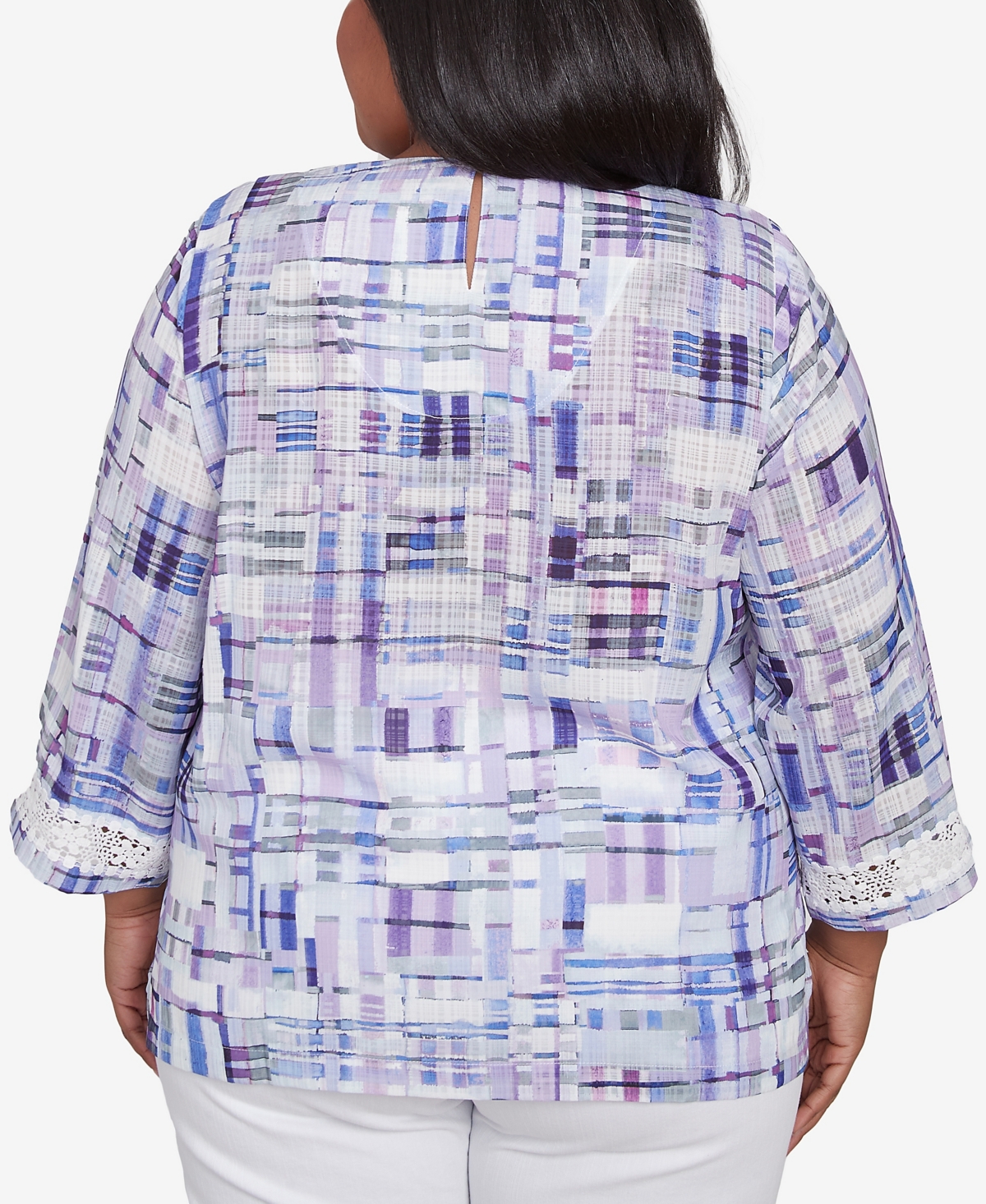 Alfred Dunner Plus Size Crystal Springs Watercolor Plaid Lace Neck Top In Lilac