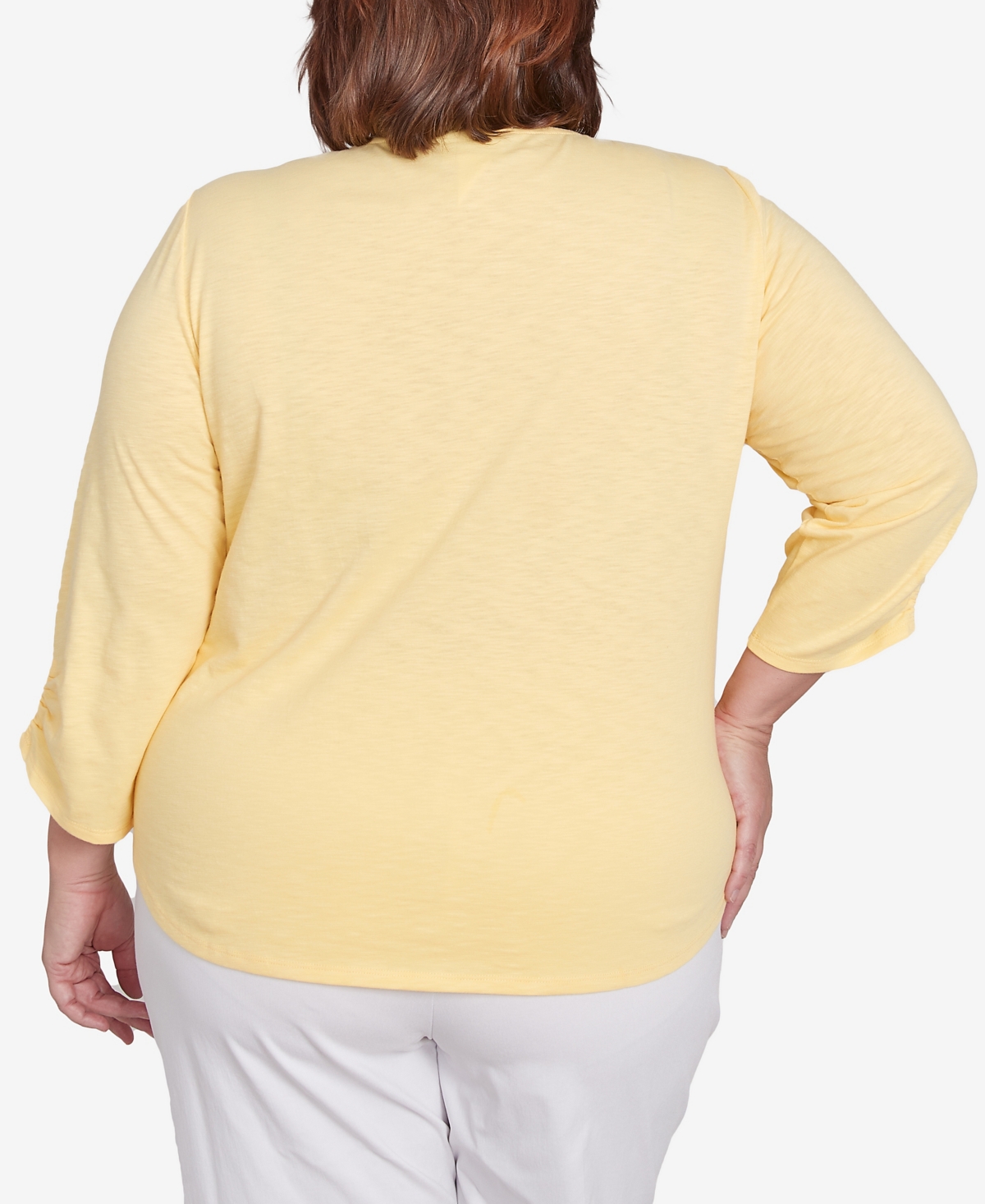 Alfred Dunner Plus Size Rise And Shine Sunny Floral Embroidered Split Neck Top In Lemon