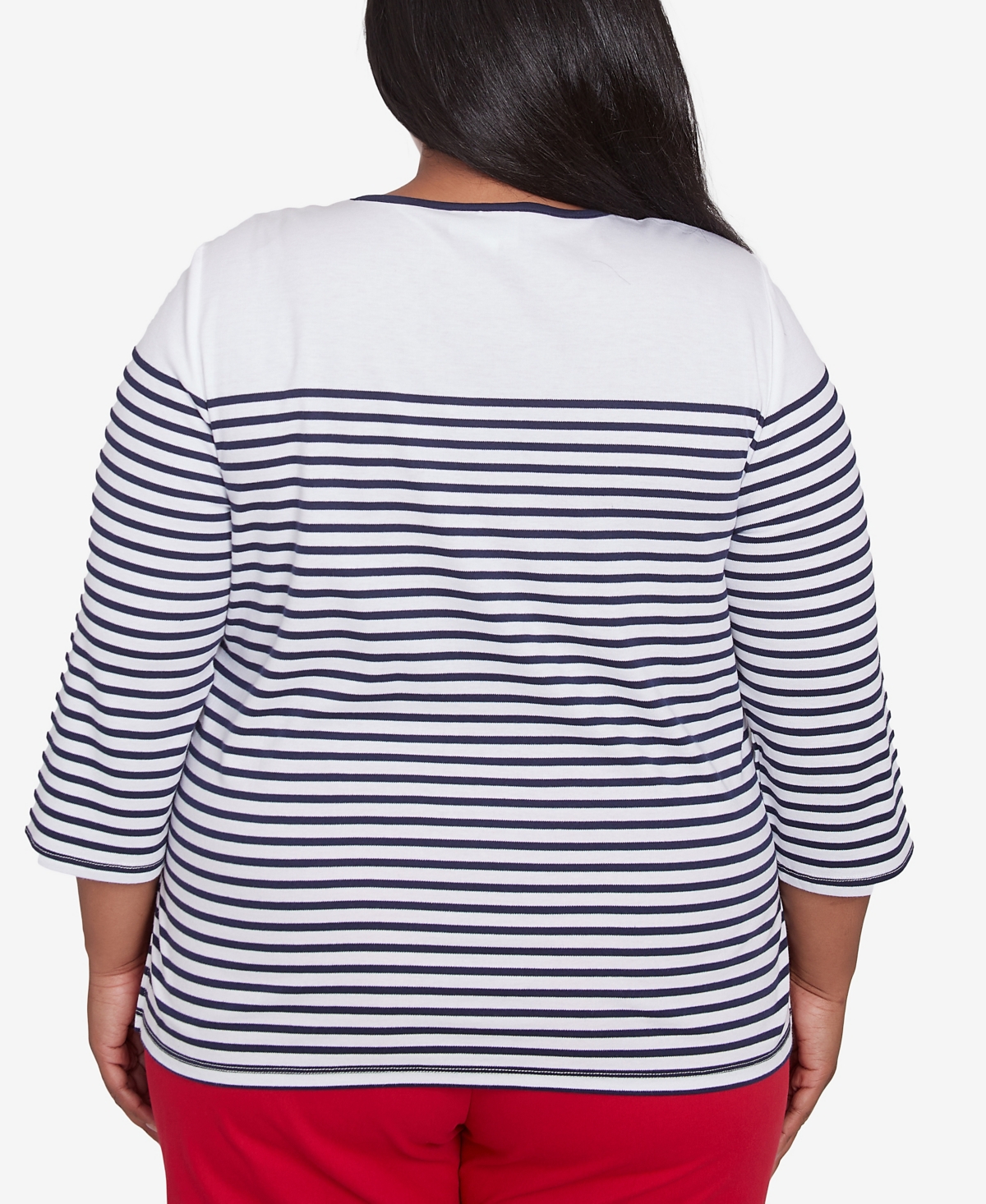 Alfred Dunner Plus Size Land Of The Free Striped Star-studded Crew Neck Top In Navy Multi