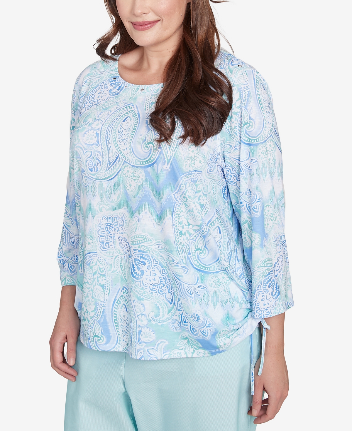 Alfred Dunner Plus Size St. Thomas Island Mint Paisley Ruched Side Top In Blue