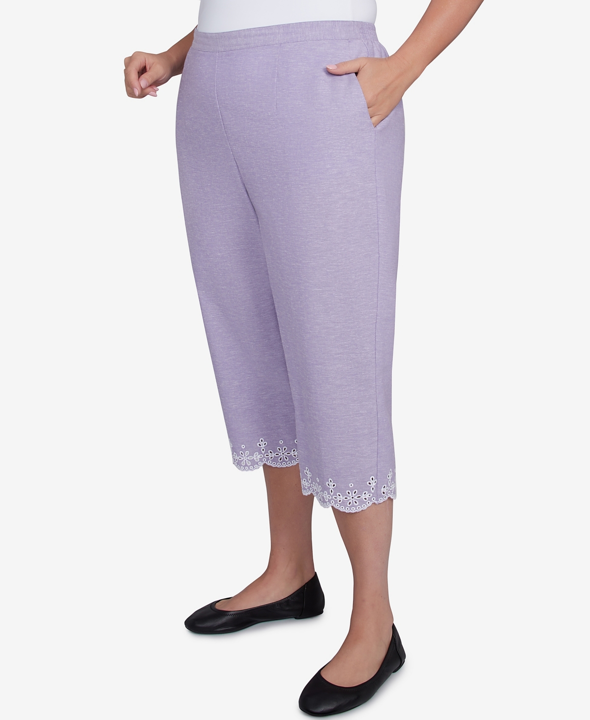 Alfred Dunner Plus Size Crystal Springs Eyelet Embroidered Capri Pants In Purple