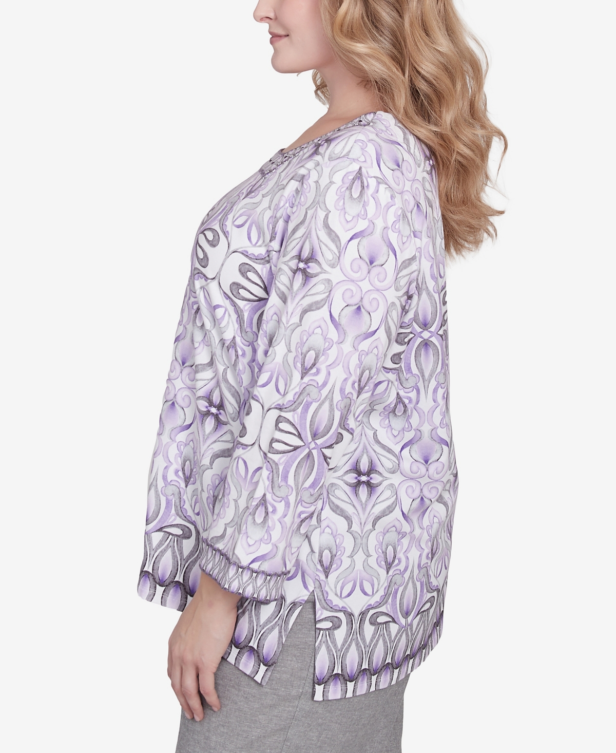 Alfred Dunner Plus Size Crystal Springs Border Square Neck Top In Lilac Multi