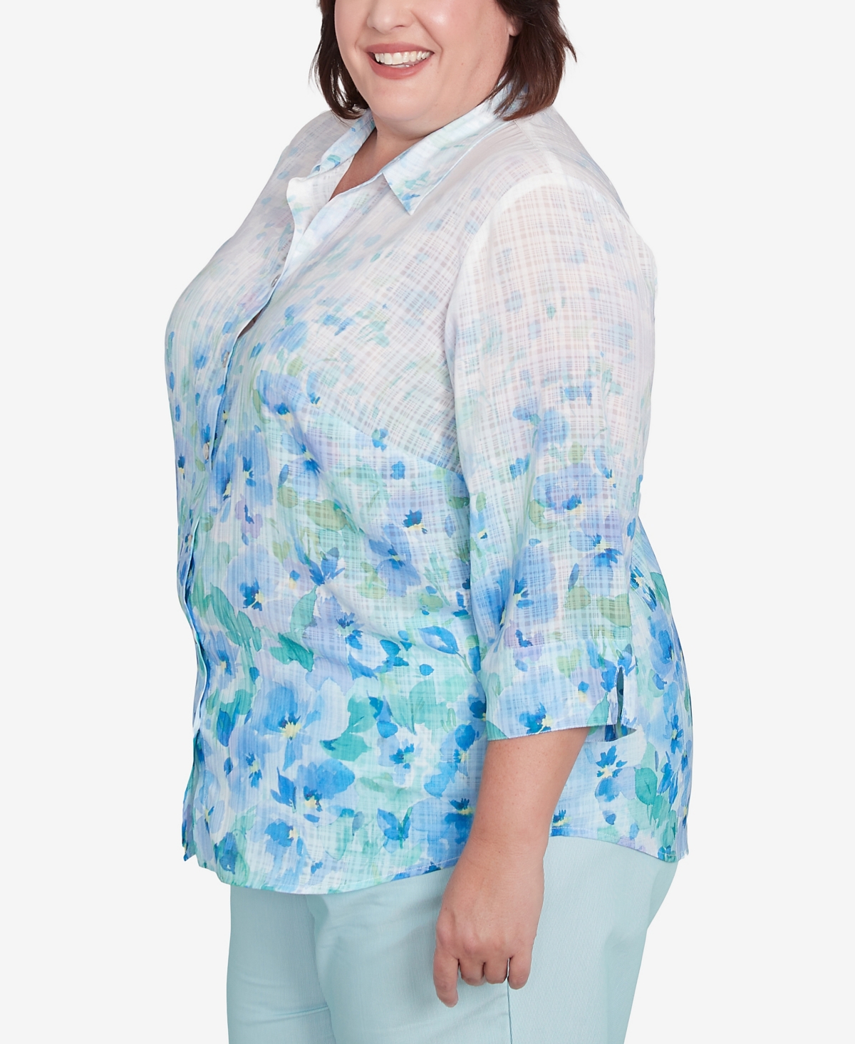 Alfred Dunner Plus Size St. Thomas Border Floral Button Down Top In Sky Blue Multi