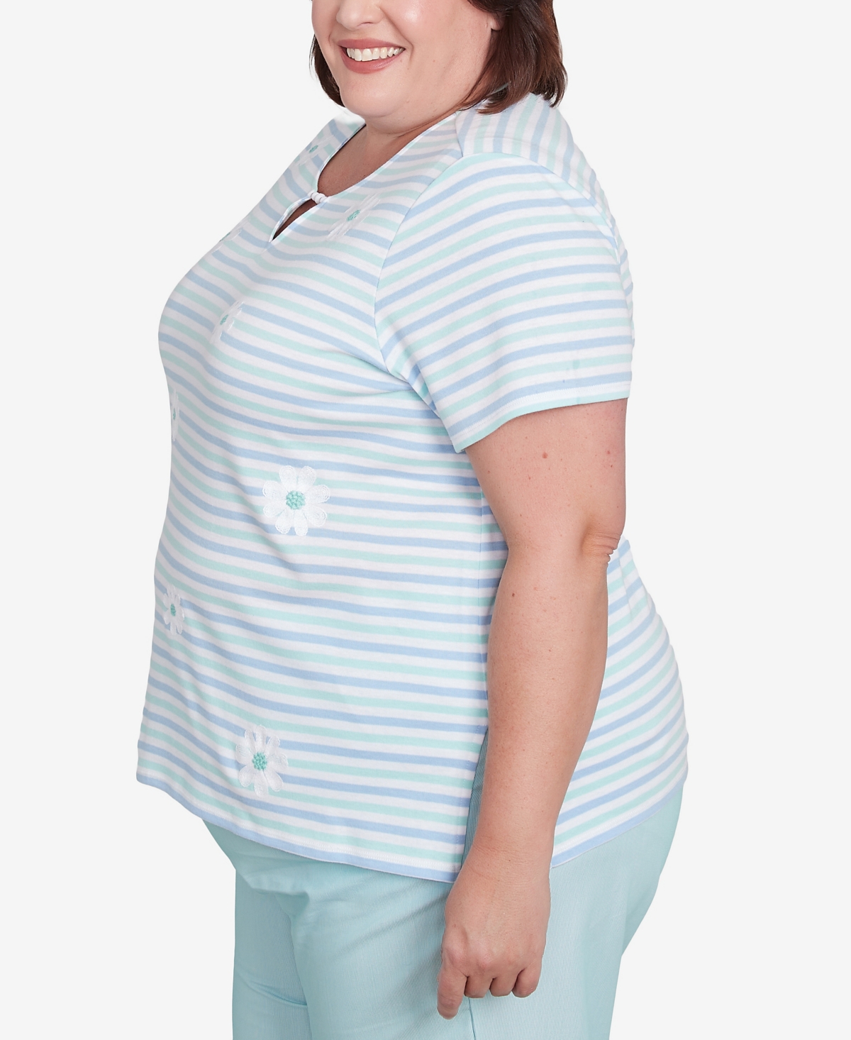 Alfred Dunner Plus Size St. Thomas Embroidered Daisy Striped Top In Mint Multi
