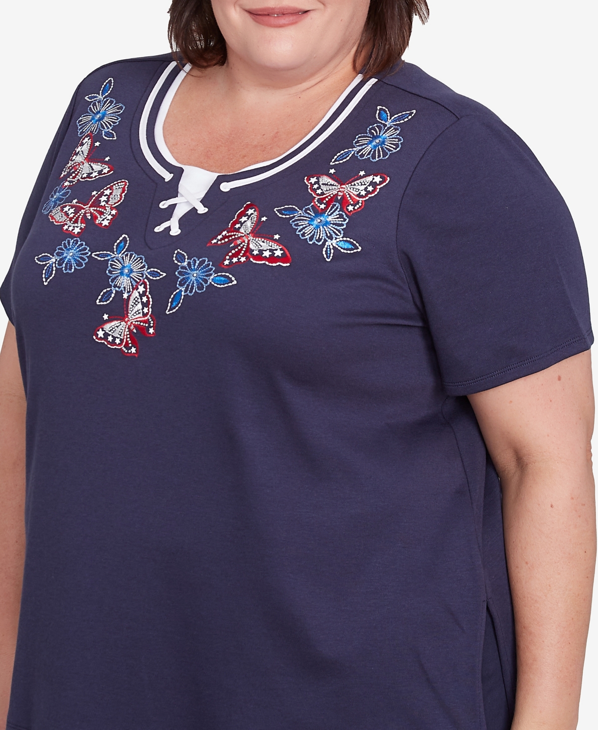 Alfred Dunner Plus Size Land Of The Free Butterfly Criss-cross Crew Neck Top In Navy