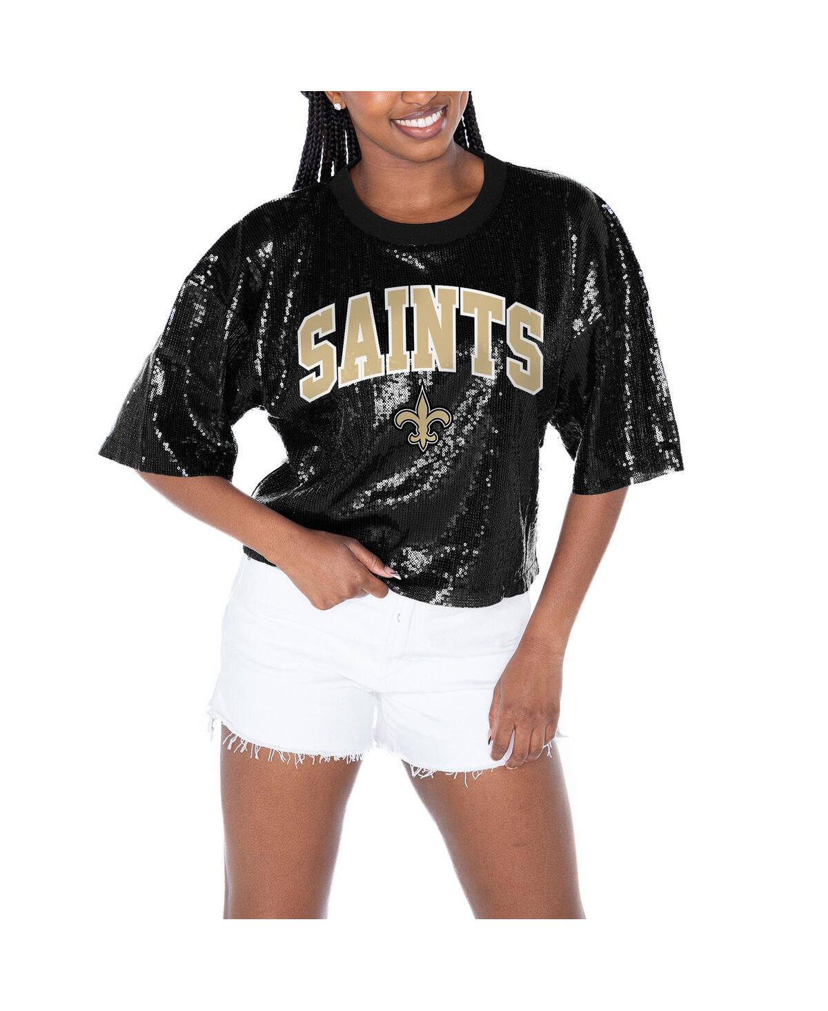 Women's Black New Orleans Saints Rise Up Sequin Cropped T-Shirt - Black