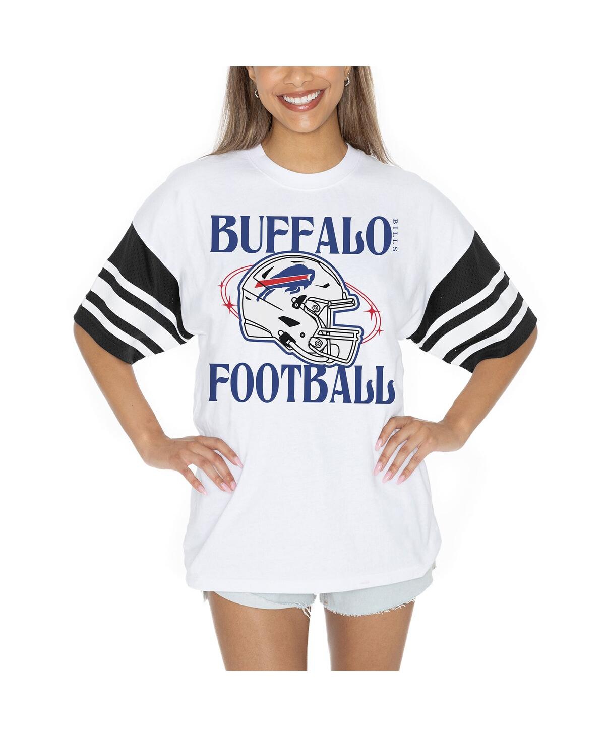 Women's White Buffalo Bills Vintage Look Contrast Mesh Striped Raglan T-Shirt - White
