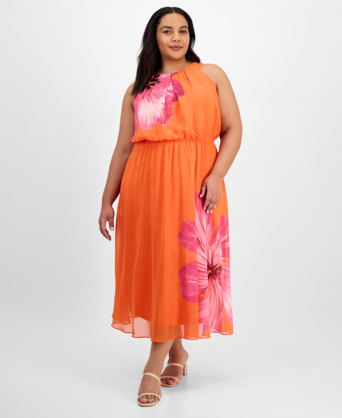 Plus Size Printed Sleeveless Maxi Dress - Orange Fuschia