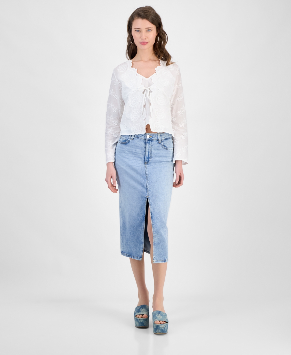Guess Aida Floral Embroidered Tie Front Long Sleeve Top In White
