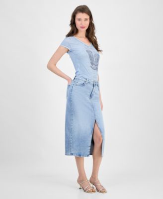 GUESS - Women's Mila Denim Front-Slit Midi Skirt