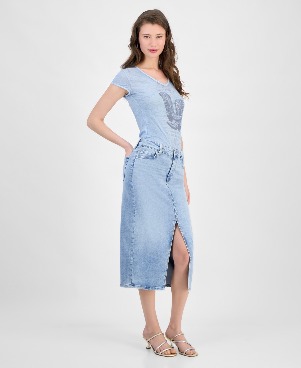 GUESS WOMEN'S MILA DENIM FRONT-SLIT MIDI SKIRT 