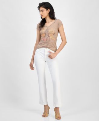 売れ筋商品|||ゲス カットソー トップス レディース Women's Burnout Moto Babe V-Neck Tee Wet Sand Multi GUESS Women's Short Sleeve Moto Babe Burnout Tee, Wet Sand