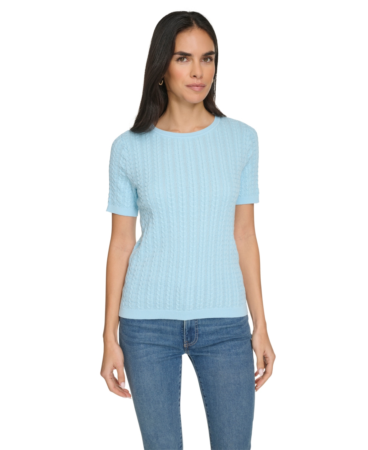 Nautica Jeans Women's Short Sleeves Rope Cable Sweater In Porcelain Blue