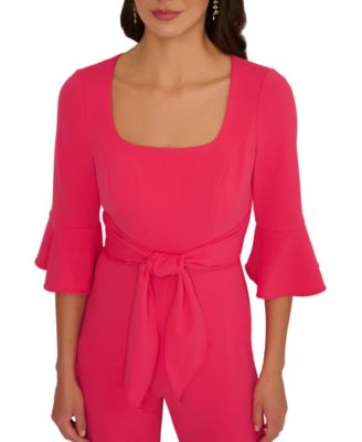 Women's Tie-Front Bell-Sleeve Knit Crepe Jumpsuit