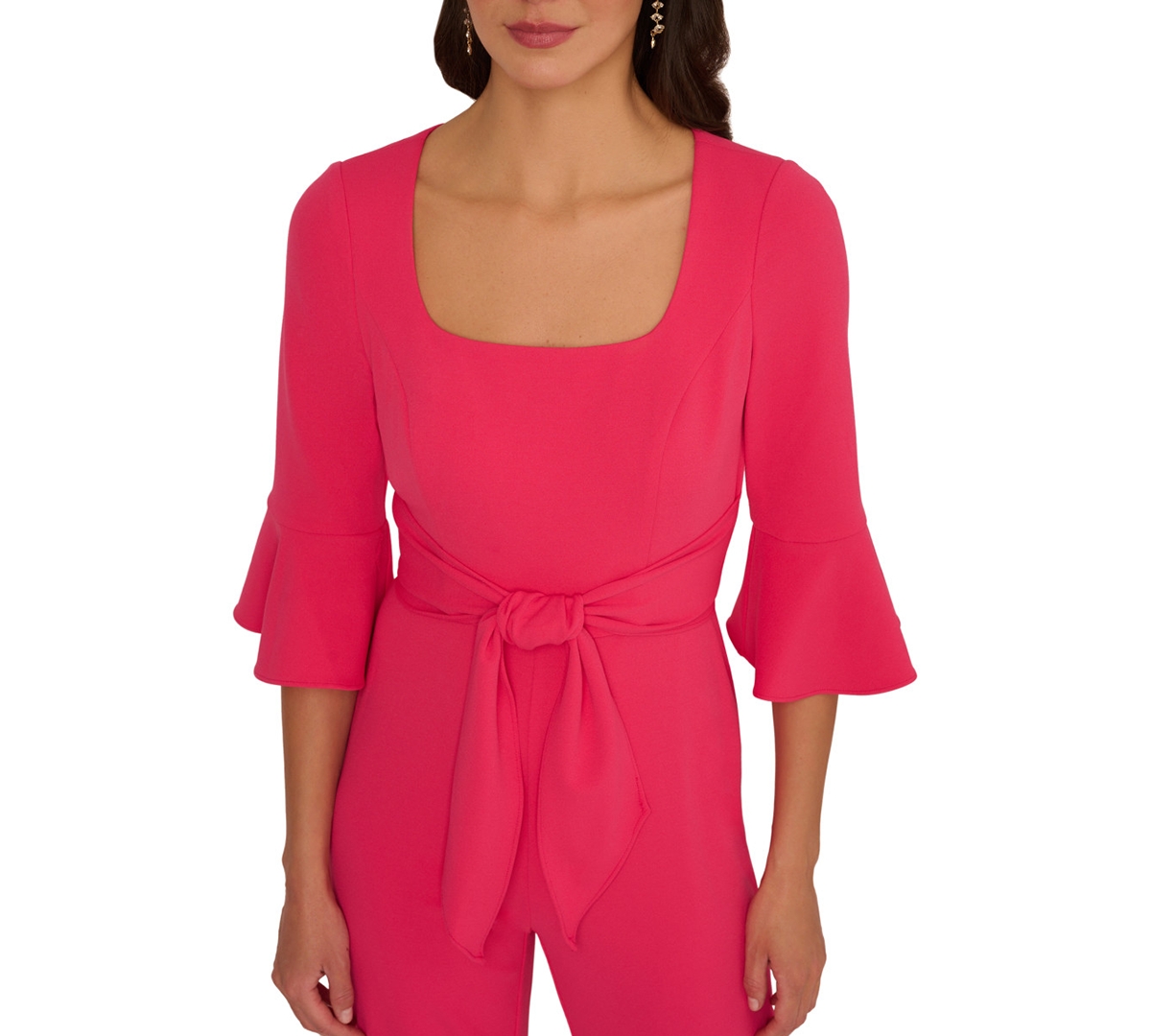 ADRIANNA PAPELL WOMEN'S TIE-FRONT BELL-SLEEVE KNIT CREPE JUMPSUIT 