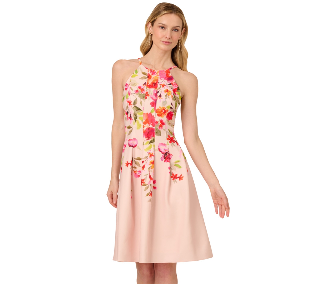 Shop Adrianna Papell Women's Floral-print Pleated Fit & Flare Halter Dress In Champagne Multi