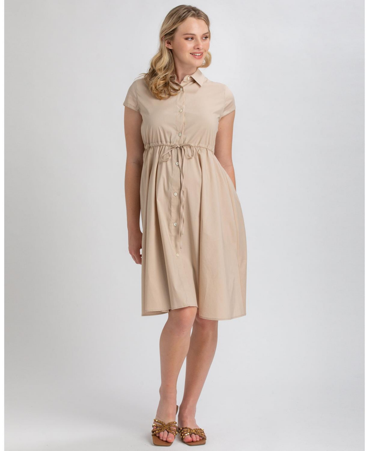 Maternity Poplin Nursing Friendly Button-Front Drawstring Viola Shirt Dress - Sand