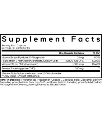 Liposomal L-Methylfolate 5-MTHF+ - Active Vitamin B9, Methylcobalamin B12, Betaine TMG, B6 Bioavailable B-Vitamin Complex - 60 Capsules