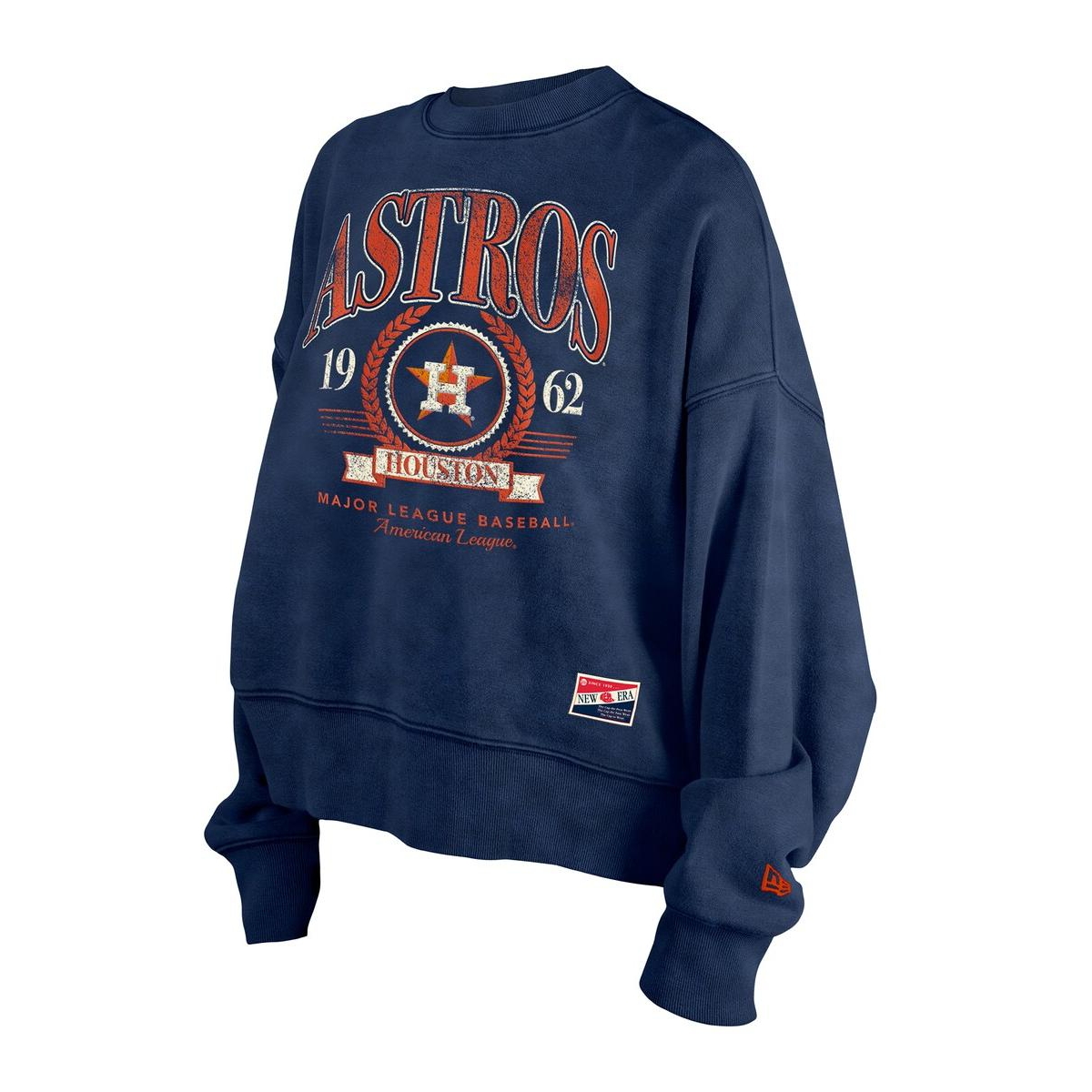 NEW ERA WOMEN'S NAVY HOUSTON ASTROS THROWBACK BOXY ENZYME WASH FLEECE CREWNECK PULLOVER HOODIE 