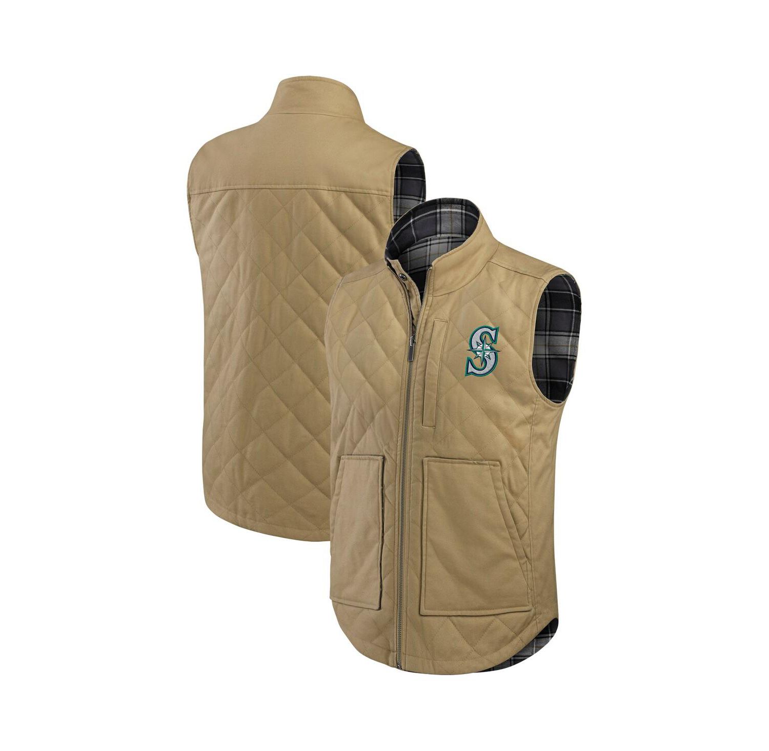 Darius Rucker Collection by Men's Tan/Charcoal Seattle Mariners Reversible Canvas Plaid Patch Full-Zip Vest