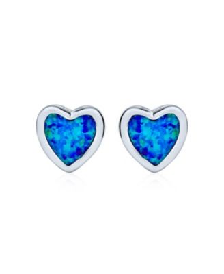 Romantic Bezel Set Heart Shaped Stud Earrings Created Opal .925 Sterling Silver
