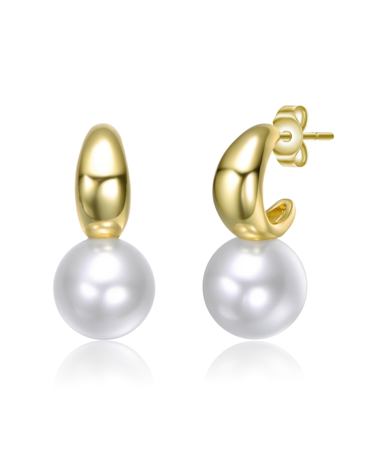 14K Gold Plated with White Pearl Huggie Design Drop Earrings - Gold