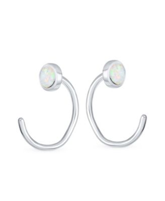 Round White Created Opal Huggie Geometric Non-Piercing Helix Cartilage Conch Bezel Band Wrap Ear Cuff Earrings Sterling Silver