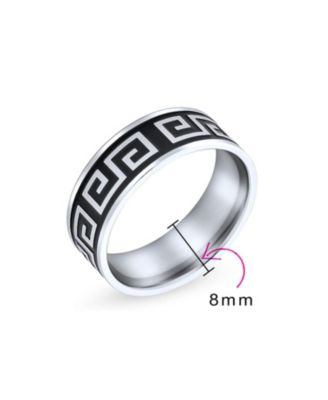 Geometric Ancient Fret Greek Key Pattern Flat Eternity Band Ring Black Silver Two Tone Stainless Steel 8MM