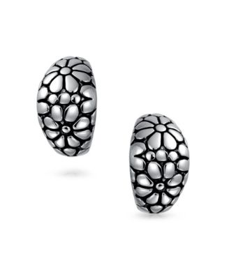 Flower Wide Shrimp Half Hoop Clip On Earrings For Non Pierced Ears Oxidized Gold Plated Brass